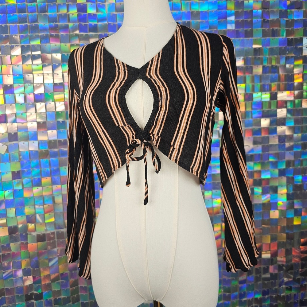 Dee Elly Black Orange Stripe Cropped Tie Front Long Sleeve Crop Top Hippie‎